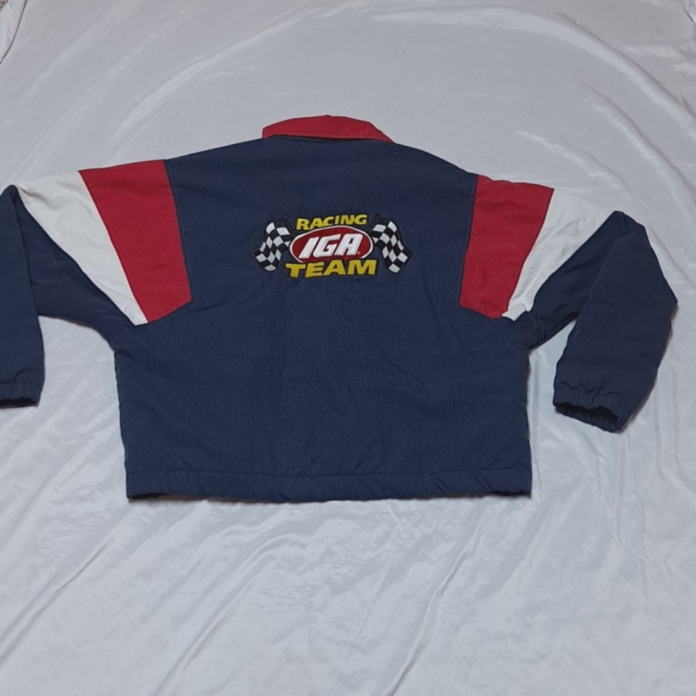Quilted Vintage 90s USA Made  IGA Racing Embroidered Patchwork Coat Size Large